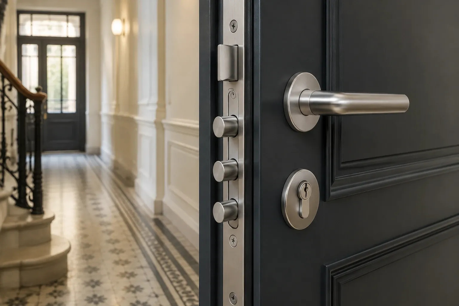 Porte blindée noire entrouverte montrant cylindre et pênes d’une serrure multipoints dans hall