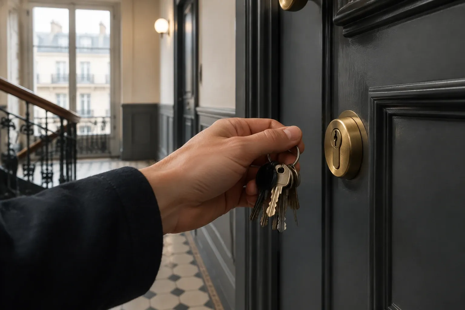 Main tenant une poignée de clés devant une serrure de porte blindée ancienne