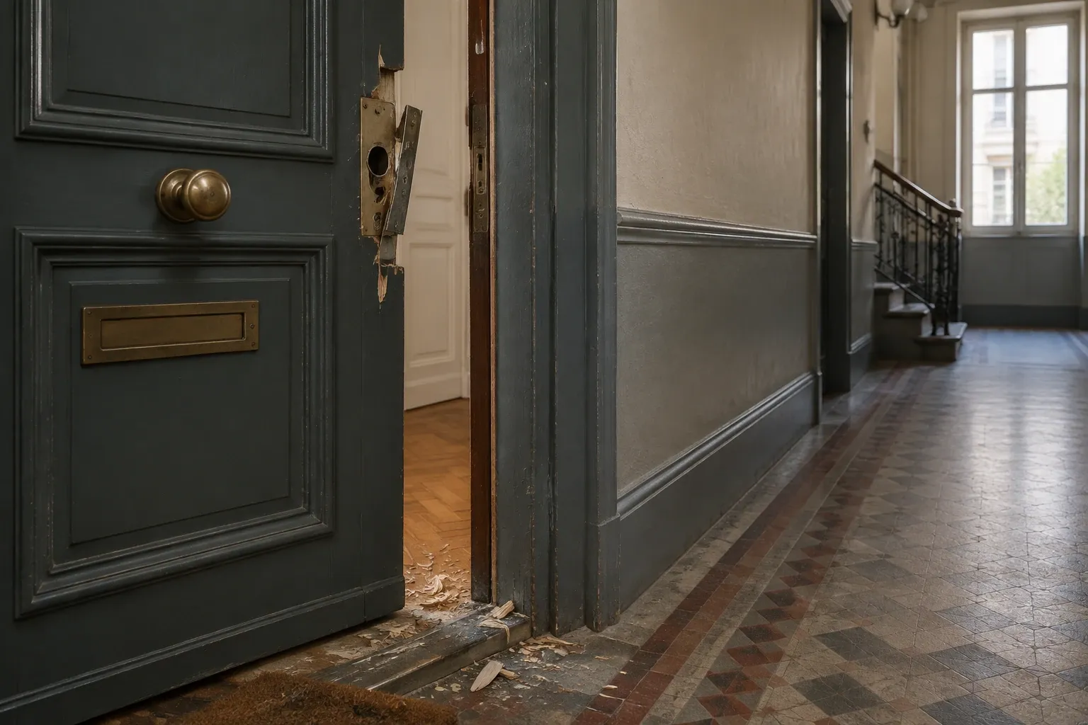 Porte d'entrée forcée entrouverte, serrure arrachée, débris au sol dans couloir d'immeuble