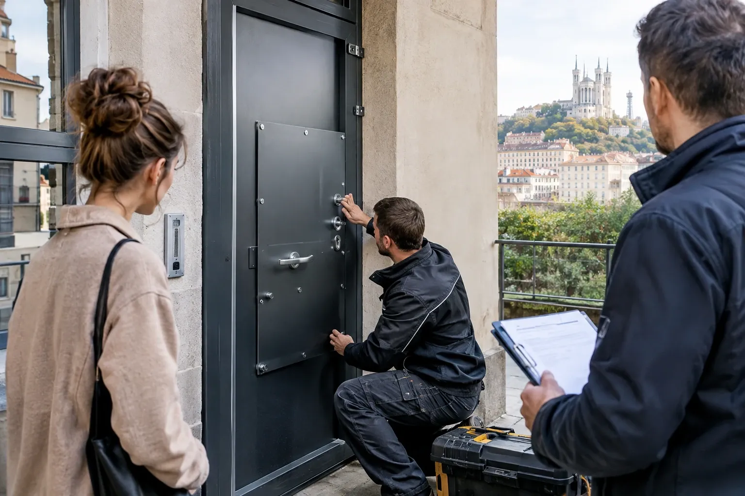 Technicien en train d'installer une porte blindée anti-squat devant un couple, vue de Lyon