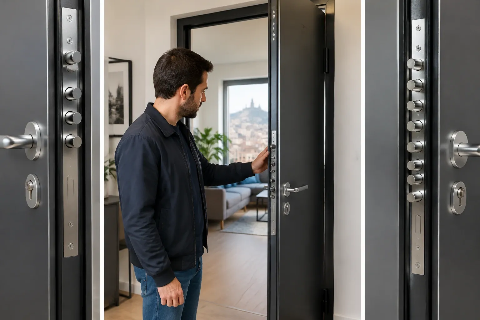 Homme ouvrant une porte blindée noire à plusieurs points d'ancrage, intérieur lumineux