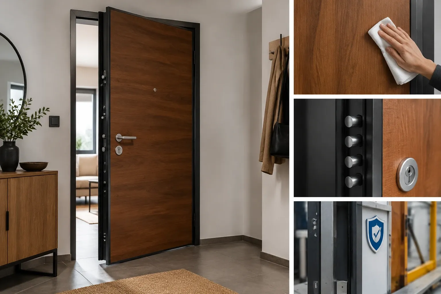 Porte blindée à parement bois entrouverte dans un hall, gros plan verni et serrure multipoints
