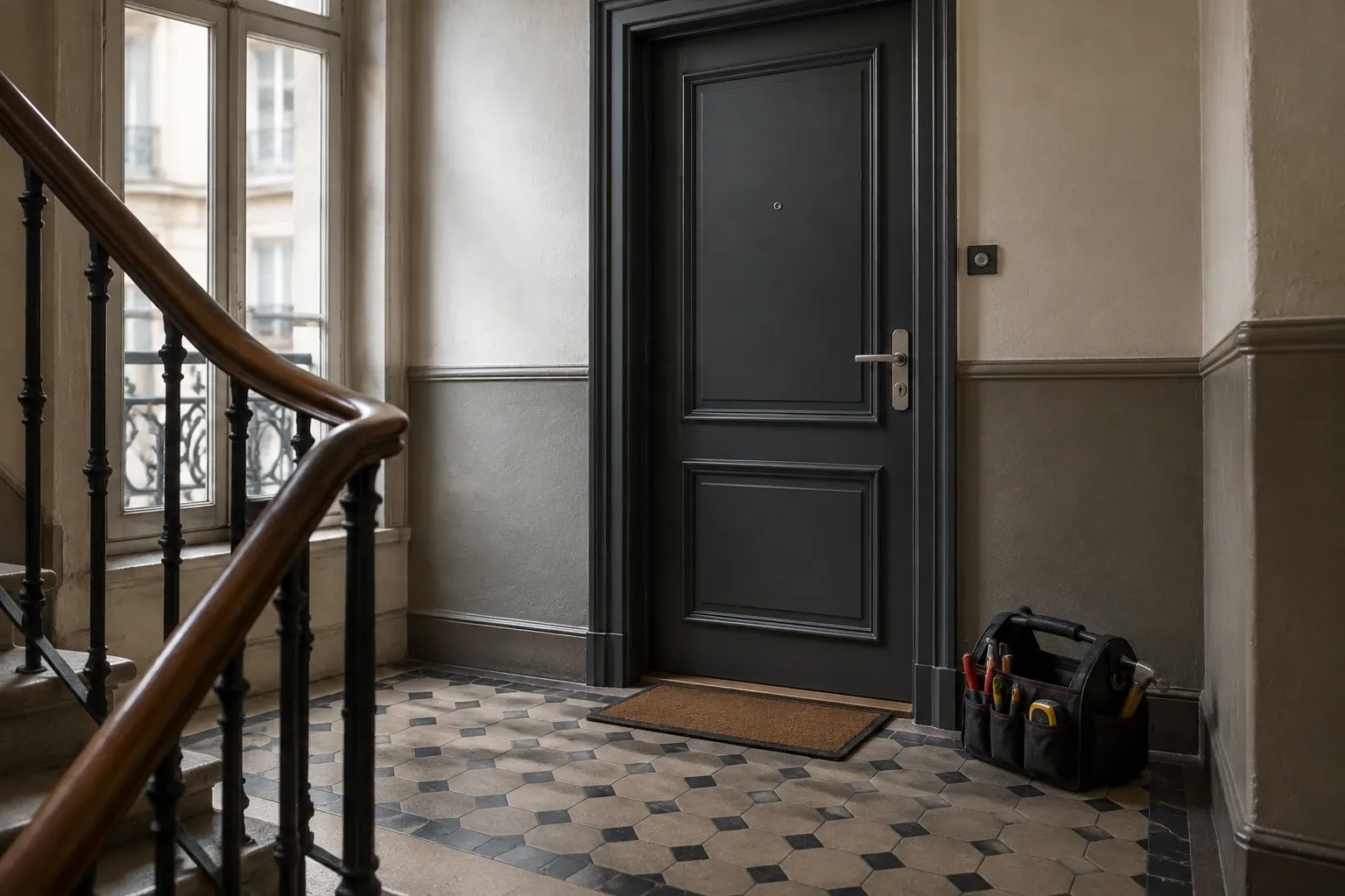 Pallier d’immeuble avec porte blindée fermée et sac à outils de serrurier posé au sol