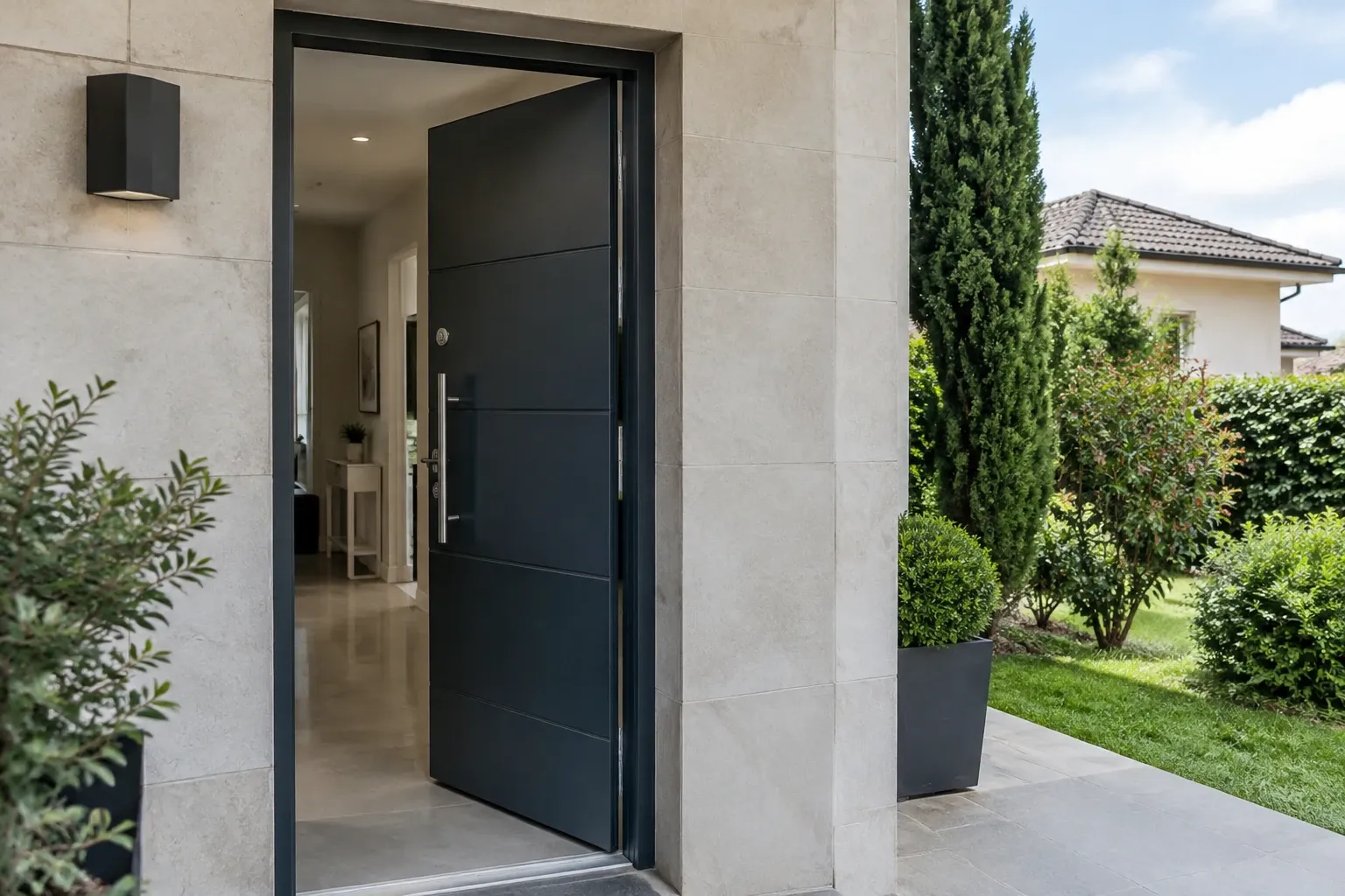 Porte blindée noire entrouverte sur hall d’entrée lumineux, jardinières et haies extérieures visible