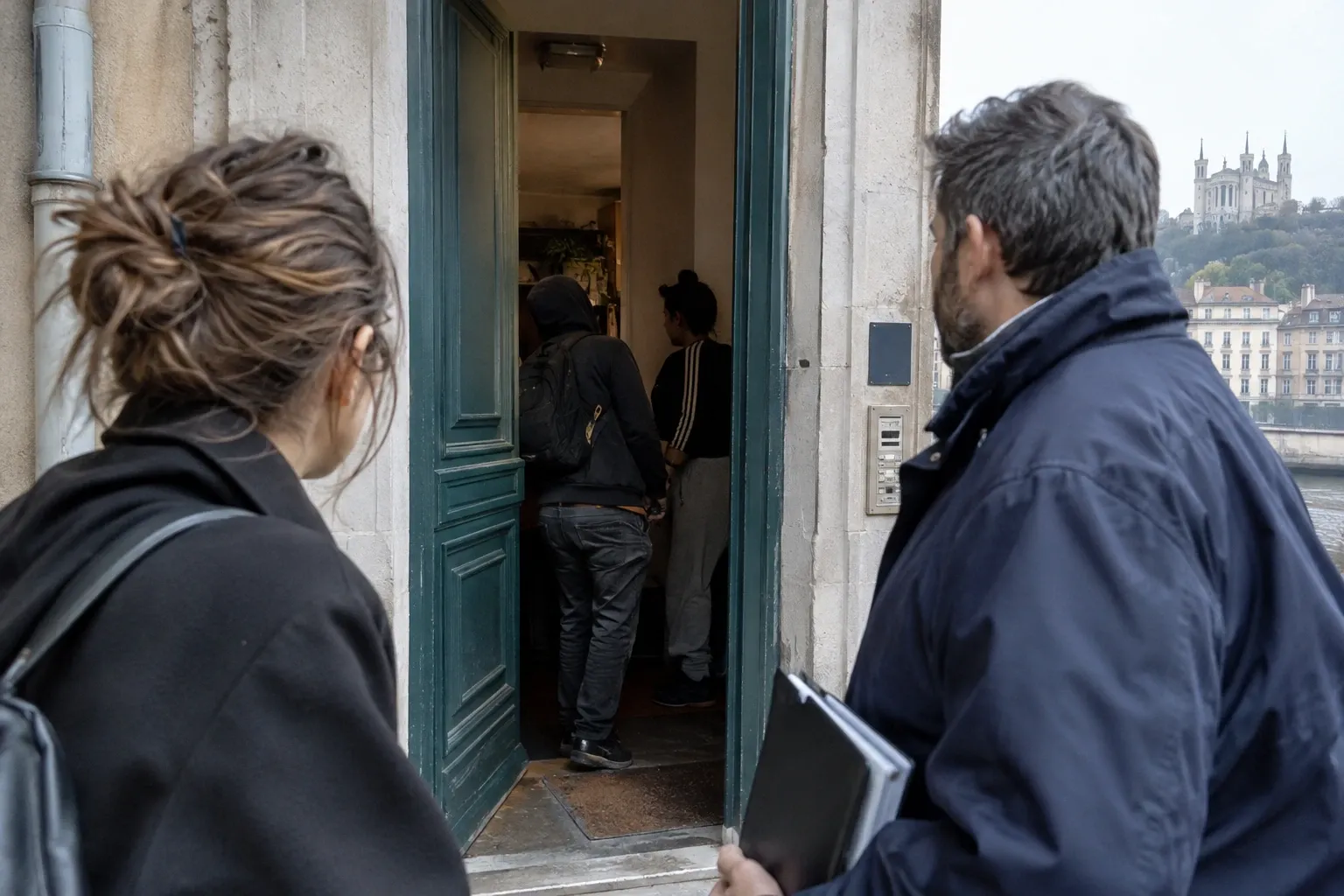 Trois personnes debout dans l'encadrement d'une porte d'immeuble, deux observateurs à l'extérieur, une personne